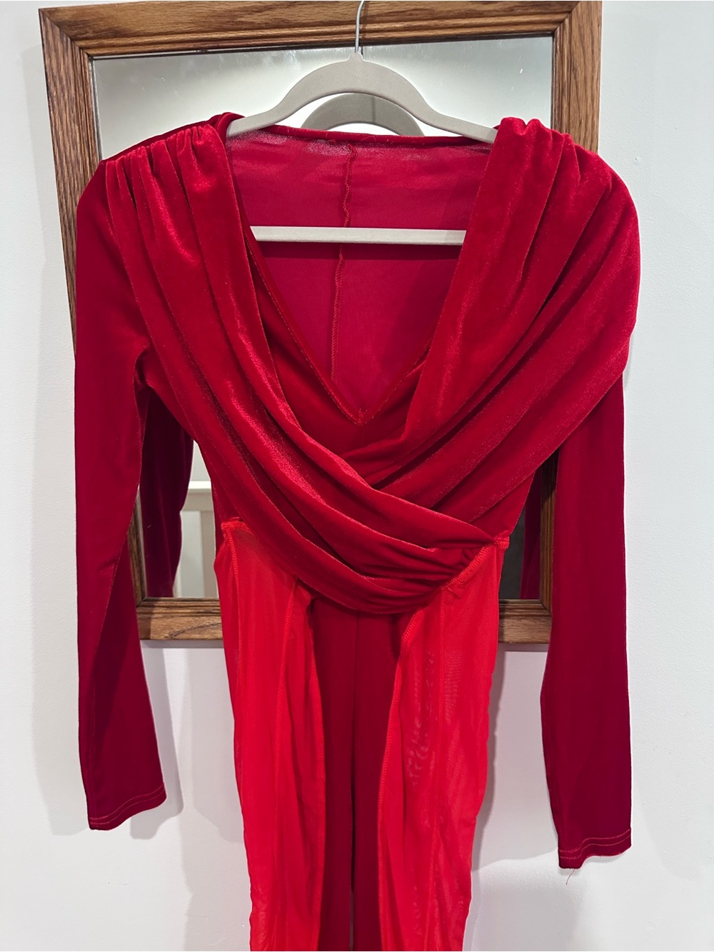 Spicy Red plunge neck Draped Long-Sleeve Women’s -sheer mesh thighs -Jumpsuit